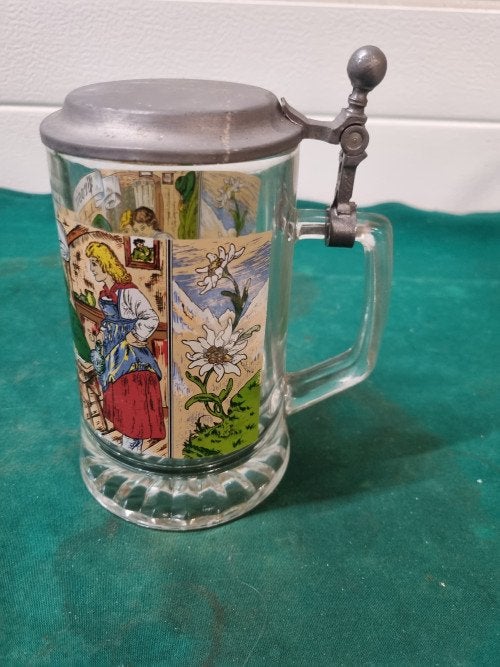 bierpul prosit met afbeelding glas en tinnen deksel, Verzamelen, Ophalen of Verzenden, 'T Olde Gre-j, Info@toldegrej.nl, Endepoelstraat 20f Didam