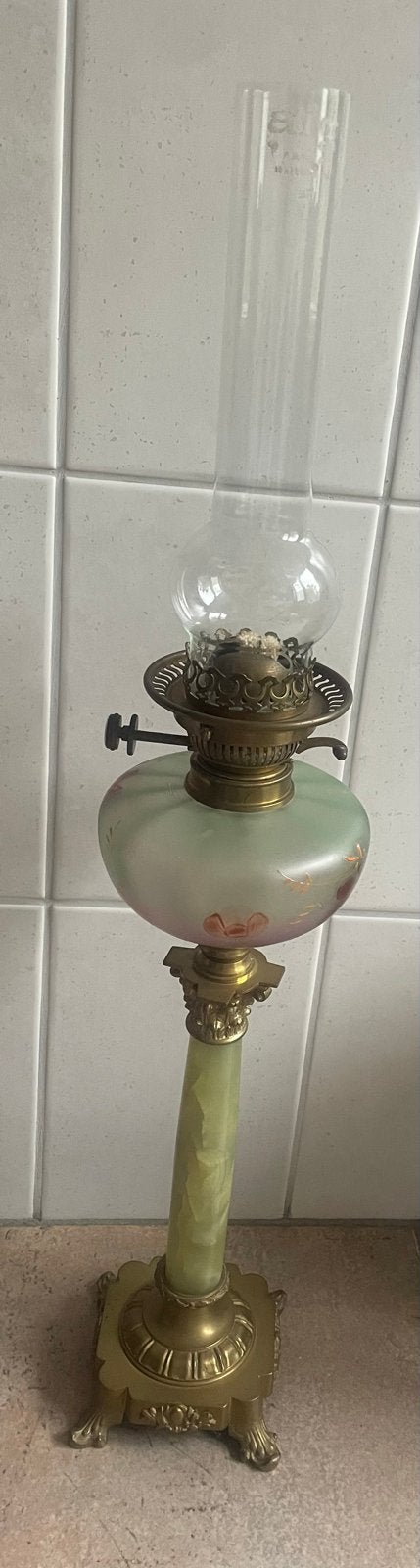 Antieke olielamp met onyx en messing voet, Antiek en Kunst, Ophalen