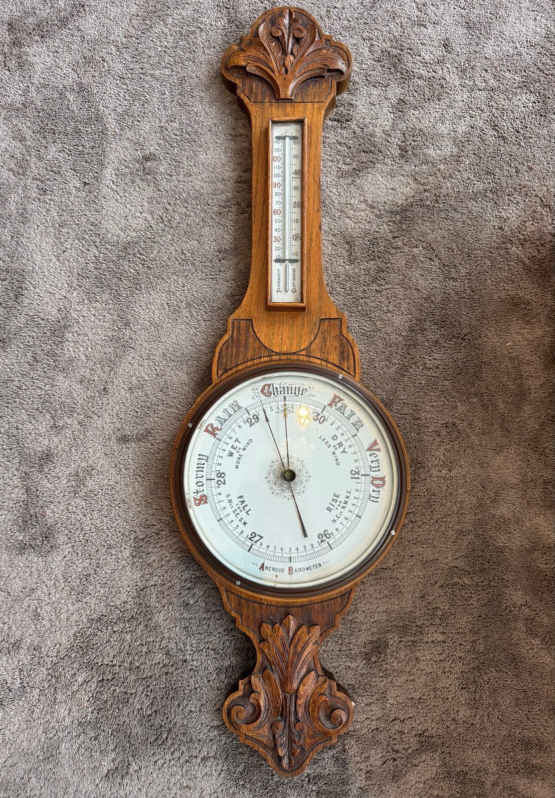 Antieke Barometer met Thermometer - Houtsnijwerk, Ophalen, Gebruikt, Barometer