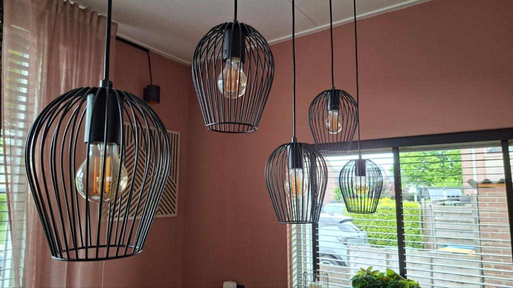 Zwarte hanglamp met 5 kooilampen - industrieel design, Ophalen, Industrieel, Modern, Zo goed als nieuw, Metaal