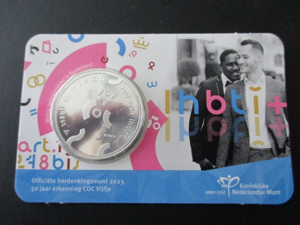 Coincard 50 jaar erkenning COC vijfje 2023, Ophalen of Verzenden, Koningin Beatrix, Euro's, Setje