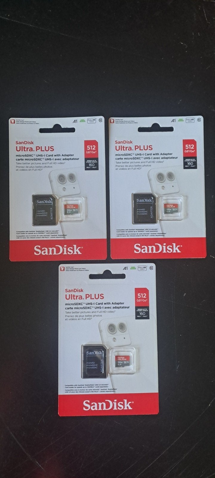 Sandisk Ultra Plus MicroSDXC 512GB met Adapter (3 stuks), Audio, Tv en Foto, Geschikt voor Full HD video, Sandisk, Nieuw, Ophalen of Verzenden