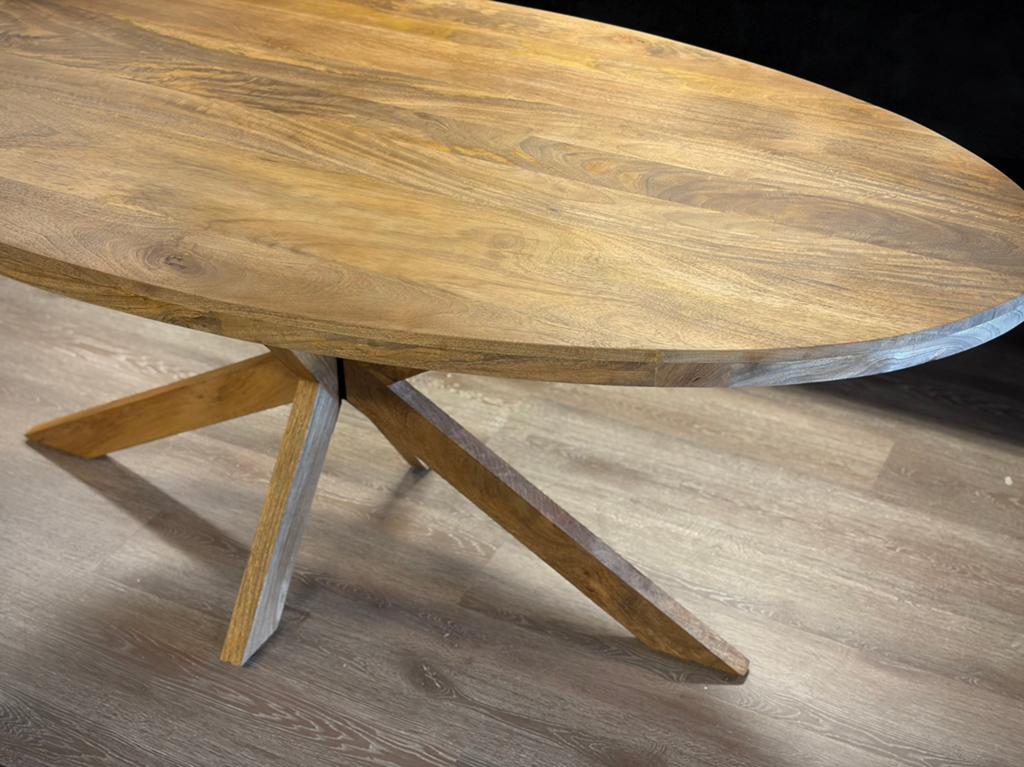 Mango tafel met houten poot - ovaal 200cm & rond 120 of 150, Ophalen, 100 tot 150 cm, Vijf personen of meer, Ovaal