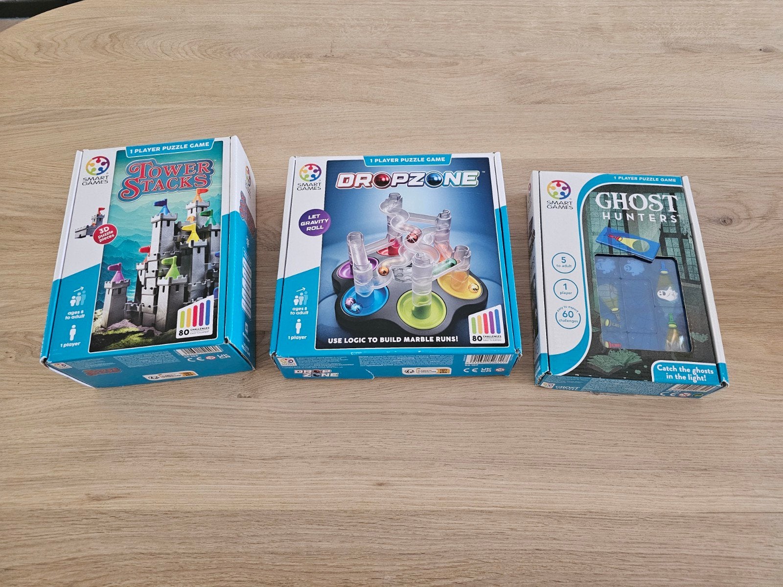 3 SmartGames: Tower Stacks, Dropzone, Ghost Hunters, Hobby en Vrije tijd, Een of twee spelers, Ophalen of Verzenden, Zo goed als nieuw