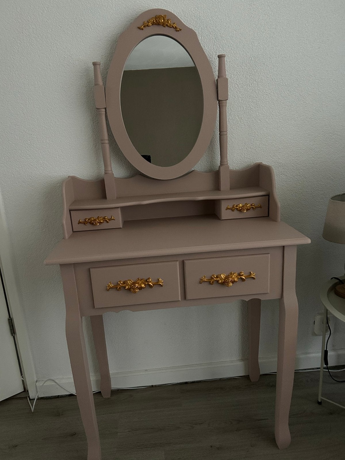 Kaptafel met spiegel en lades - Oud Roze/Goud, Ophalen, Gebruikt, 100 tot 150 cm, 50 tot 100 cm