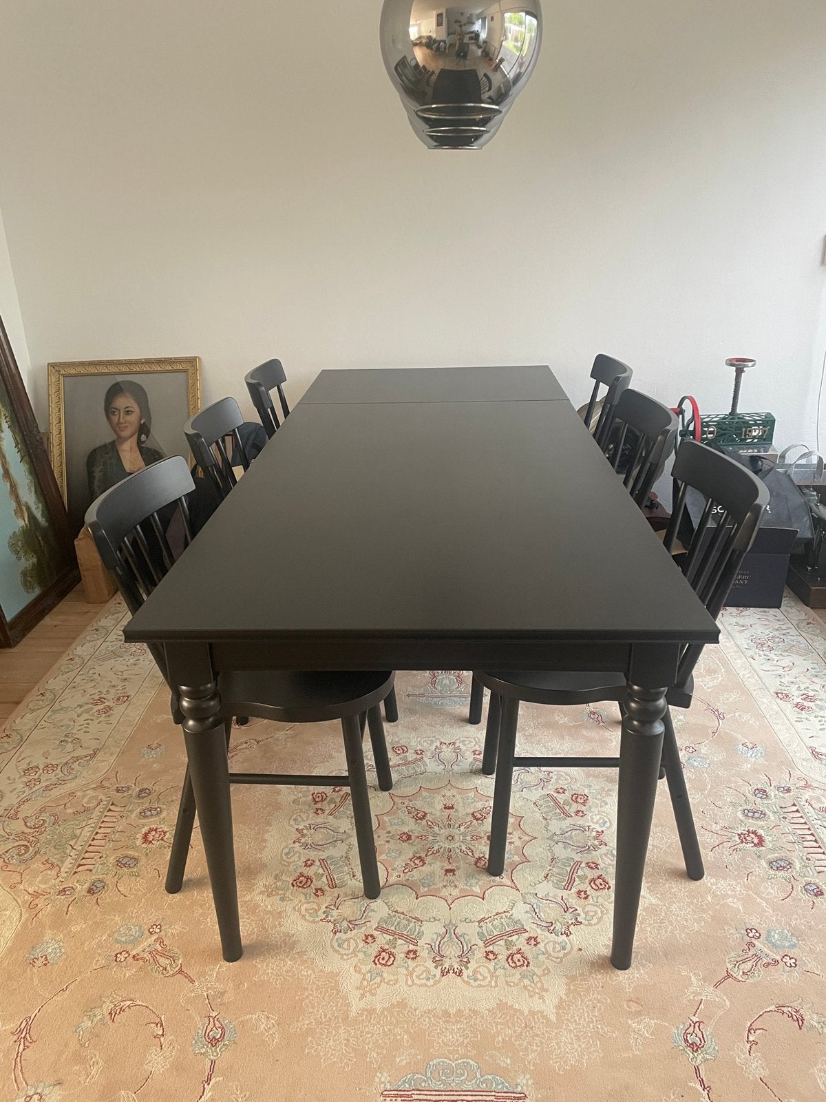 Zwarte houten tafel (Ikea - uitschuifbaar) incl. 6 stoelen, Ophalen, 50 tot 100 cm, Zo goed als nieuw, Vijf personen of meer