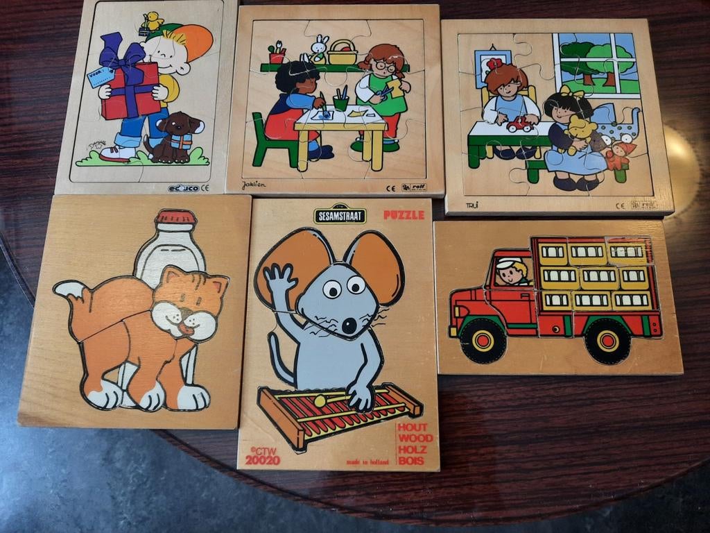 Vintage houten kinder puzzels,rolf, educo,sesamstraat, Ophalen of Verzenden, Minder dan 10 stukjes, Gebruikt
