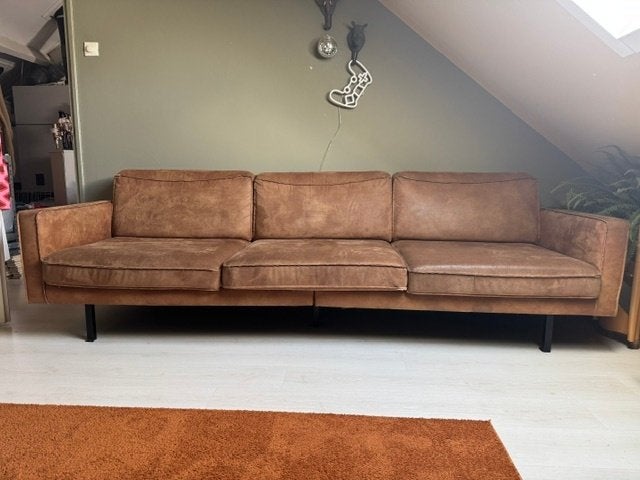 Micro leren 3-zits bank cognac, Huis en Inrichting, Banken | Bankstellen, Ophalen, Overige materialen, 250 tot 300 cm, Gebruikt