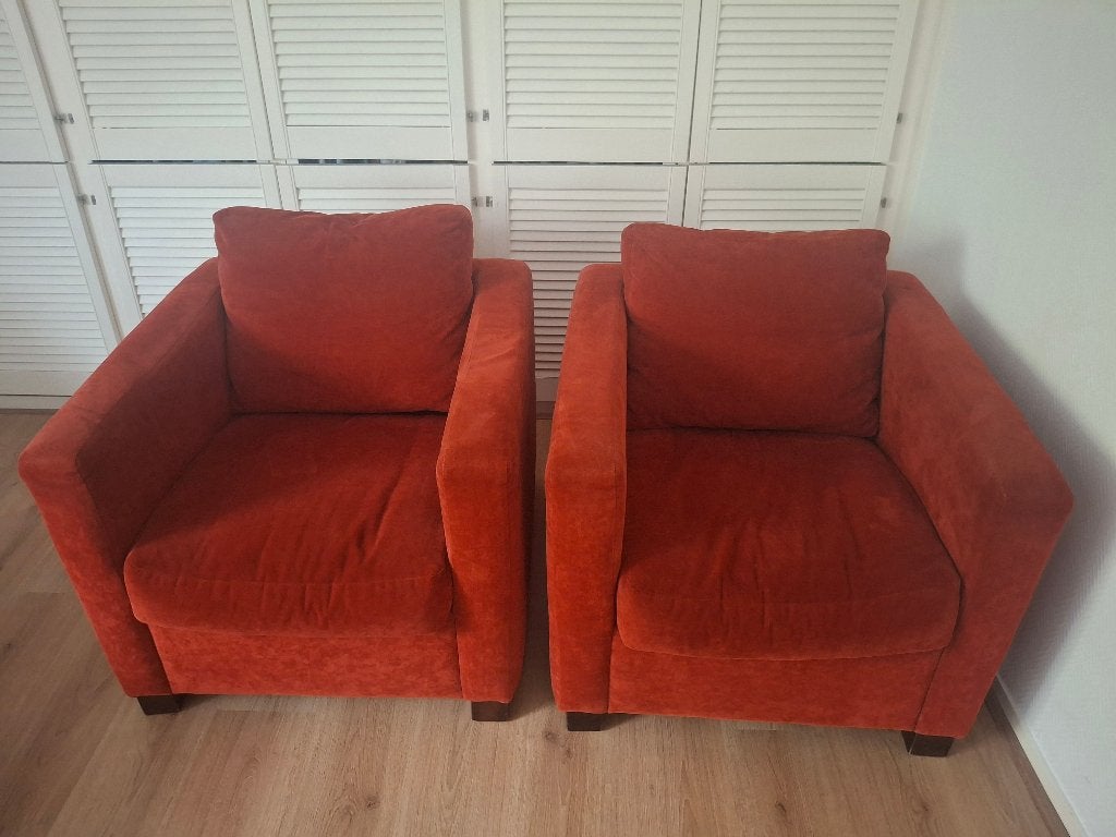 2 rood fluwelen lounge stoelen, Ophalen, Twee, Zo goed als nieuw, Rood