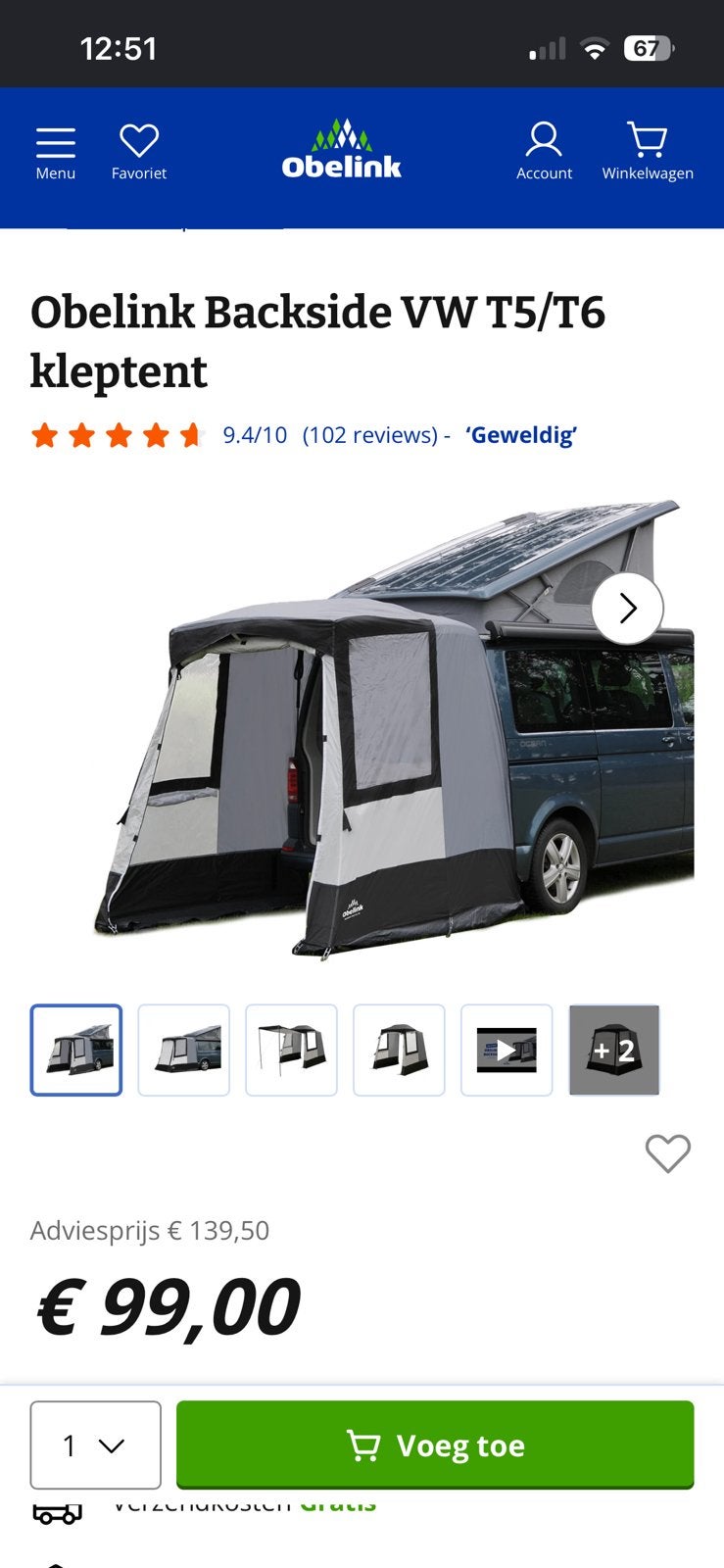 Obelink backside kleptent voortent voot t5 en t6, Ophalen of Verzenden, Zo goed als nieuw