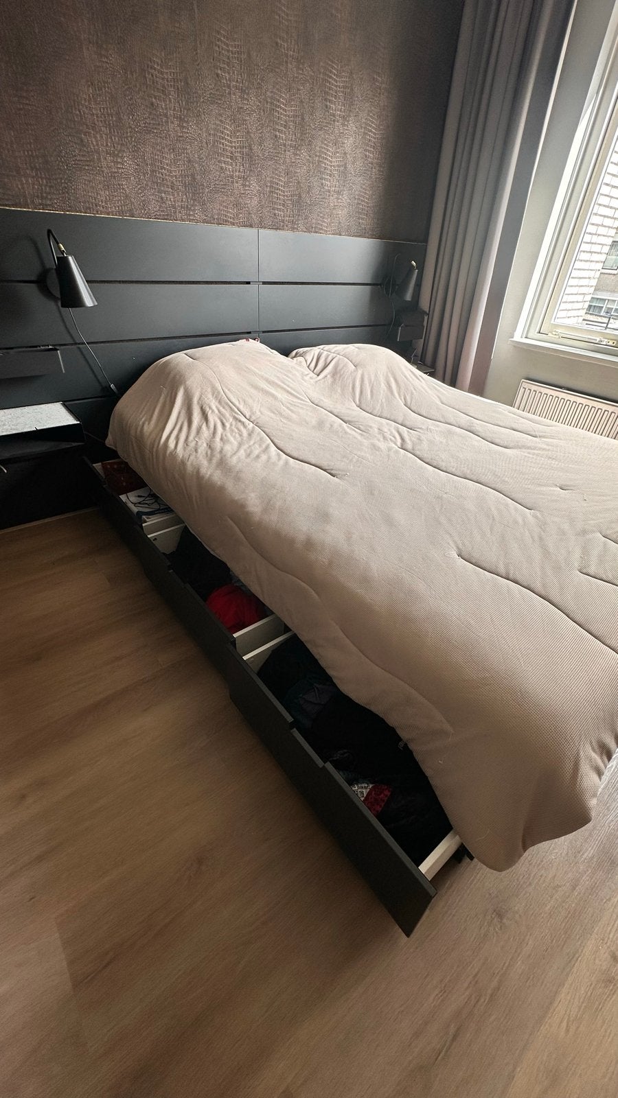 IKEA NORDLI Bedframe met 6 lades en hoofdbord 160x200 cm, Ophalen, Gebruikt, Zwart, Tweepersoons