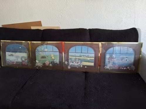 Set van 4 decoratieve vintage ingelijste afbeeldingen h, Minder dan 50 cm, Gebruikt, Gesine '79, Onbekend