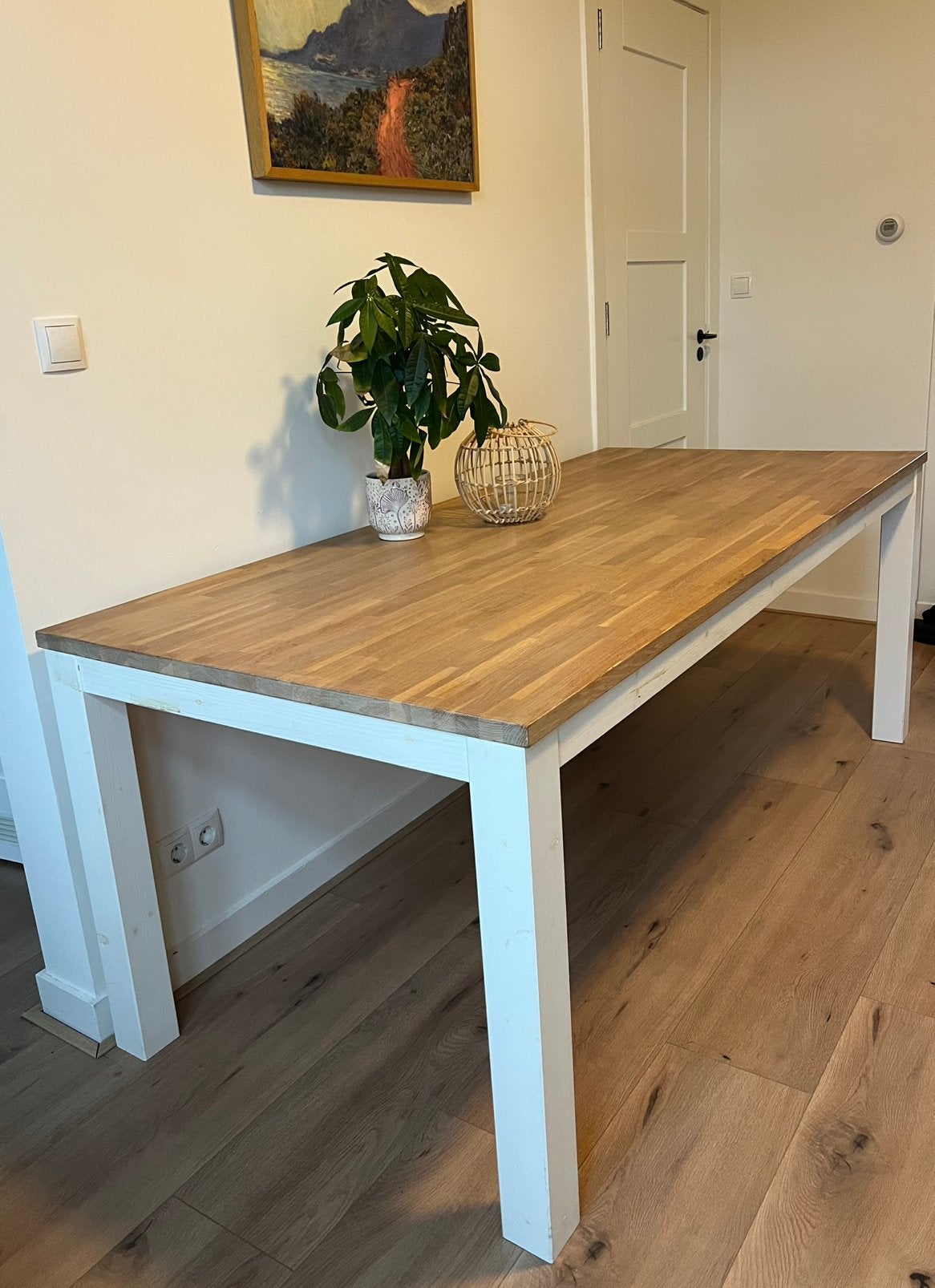 Eikenhouten eettafel met wit onderstel, Ophalen, Gebruikt, Eikenhout, 50 tot 100 cm
