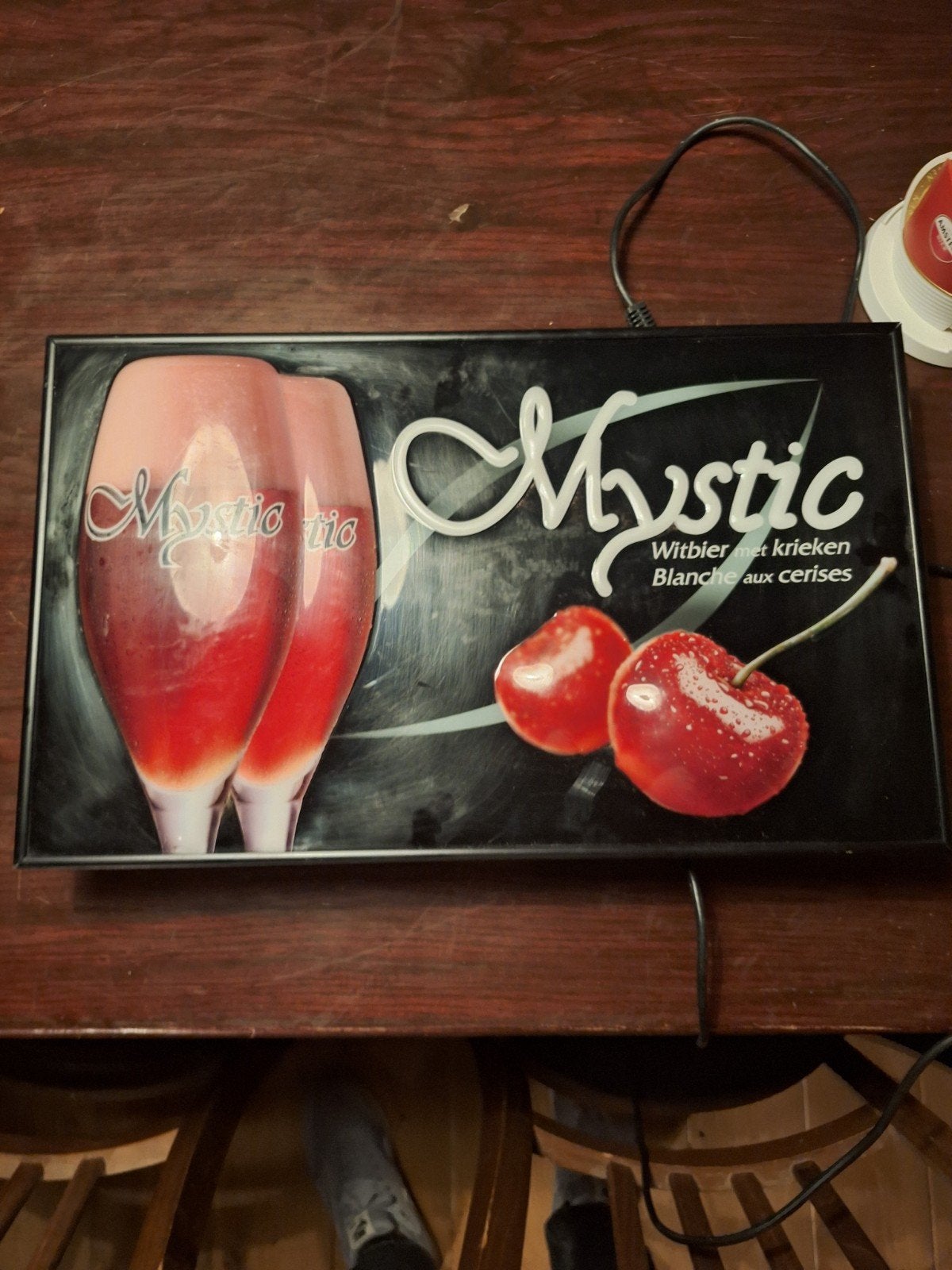 bier lichtreclame Mystic Witbier met krieken, Ophalen of Verzenden, Lichtbak of (neon) lamp