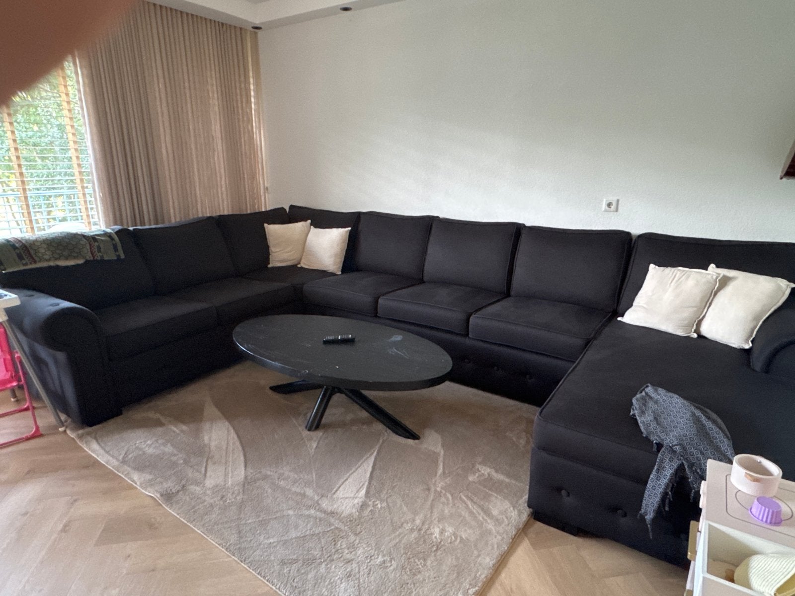 Grote zwarte hoekbank met chaise longue, Ophalen, Gebruikt, 100 tot 125 cm, Hoekbank