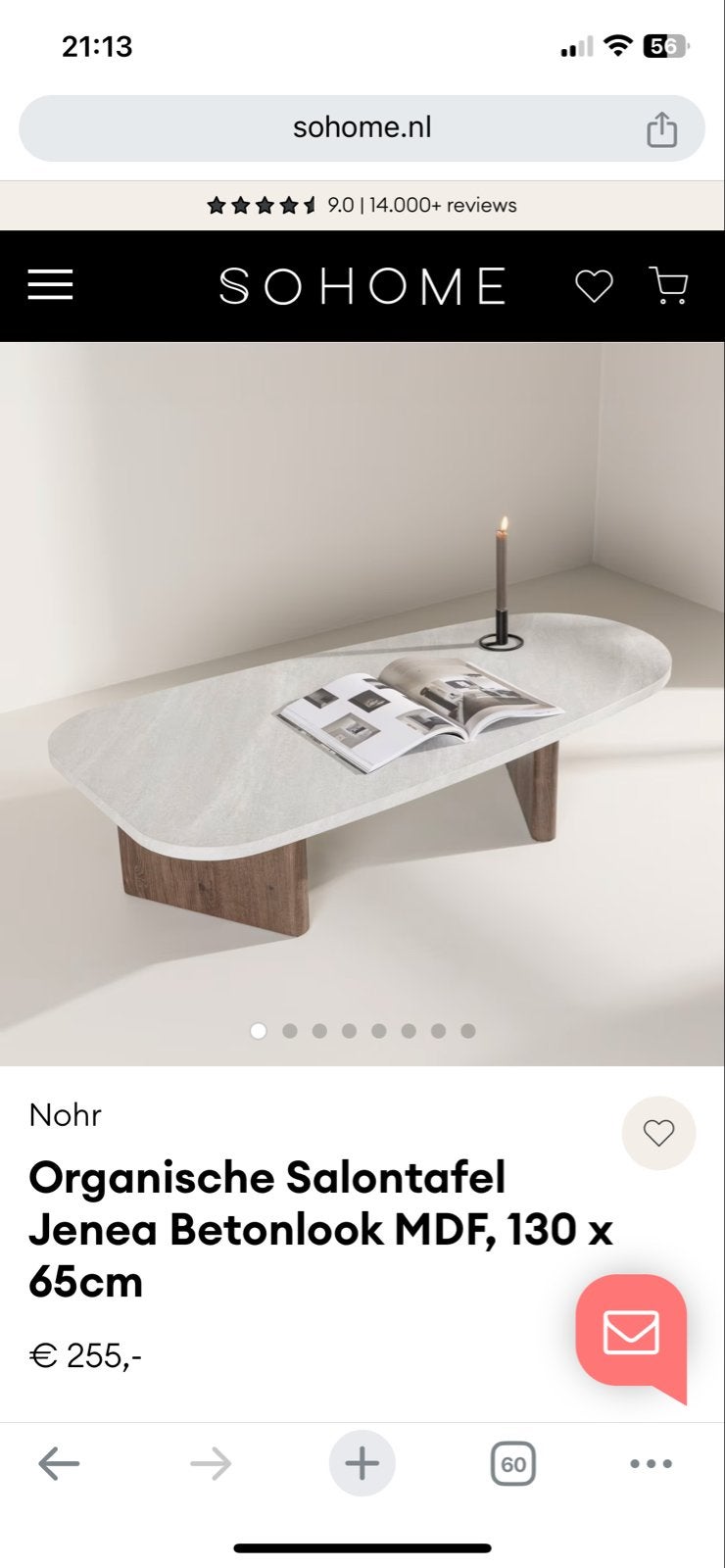 Organische Salontafel Sohome Betonlook MDF, Huis en Inrichting, Ophalen, 50 – 75, 100 tot 150 cm, 50 tot 100 cm