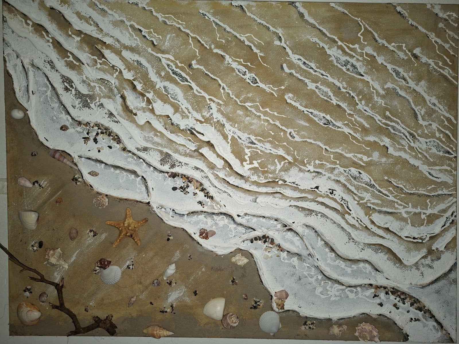 Uniek strand schilderij met echte schelpen en zand - 50x70, Antiek en Kunst, Ophalen