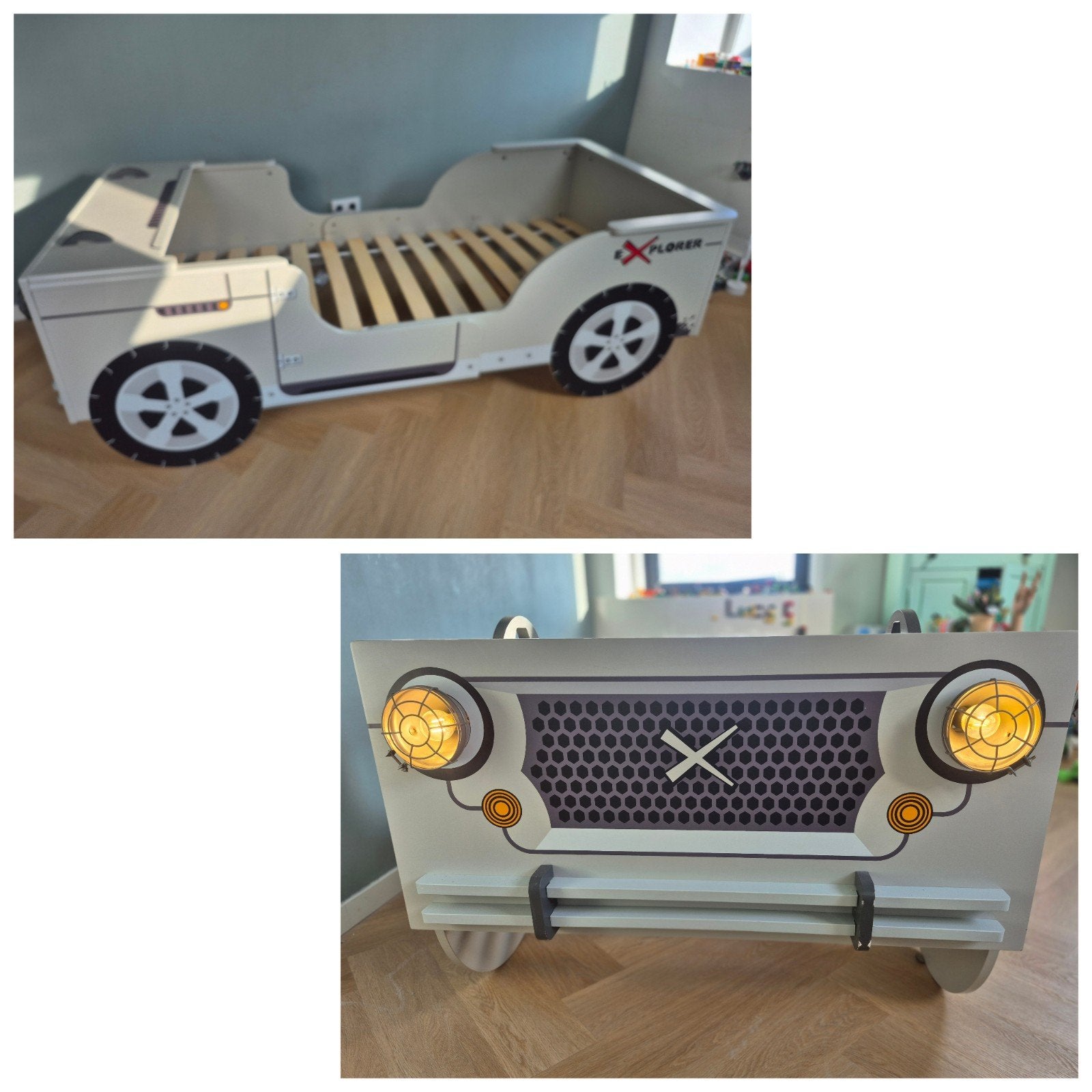 Stoer houten Explorer-jeepbed met verlichting en lattenbodem, Ophalen, Gebruikt, 90 cm, Eenpersoons