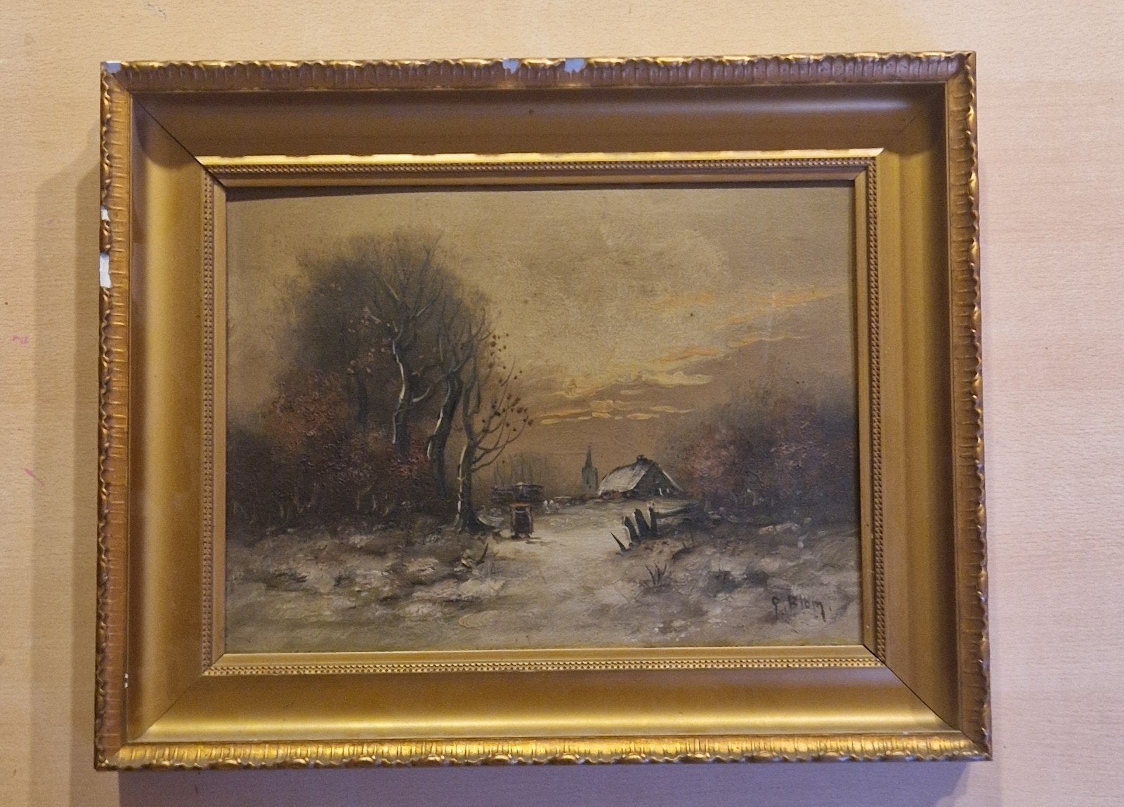 klassiek schilderij winterlandschap gesigneerd P. Blom, Antiek en Kunst, Ophalen