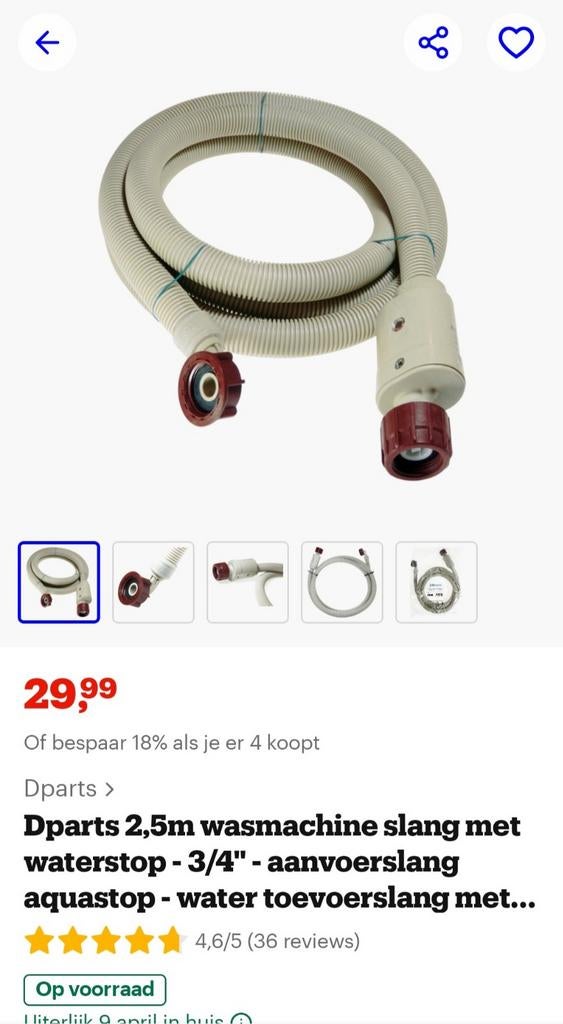 Wasmachine aanvoerslang 3/4" met waterstop 2,5m, Ophalen, Nieuw, 17 tot 18, Zilver