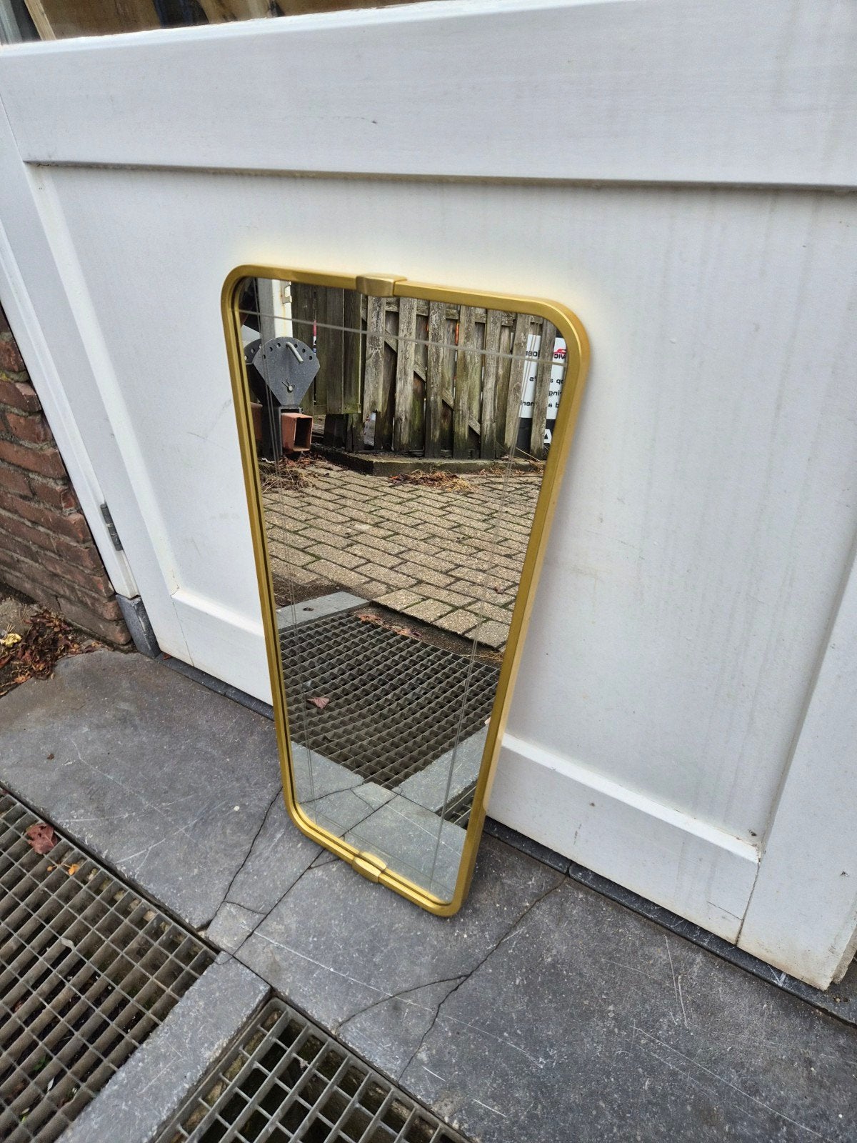 Vintage trapezium spiegel, messing rand, Huis en Inrichting, Woonaccessoires | Spiegels, Ophalen, Minder dan 50 cm, Gebruikt, Onbekend