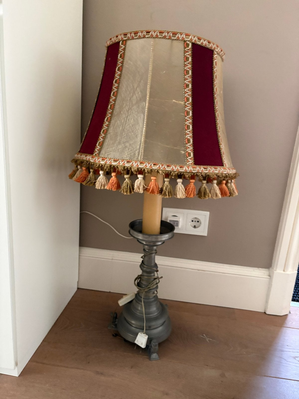 Tinnen lamp met lampenkap in varkensblaas, Ophalen of Verzenden