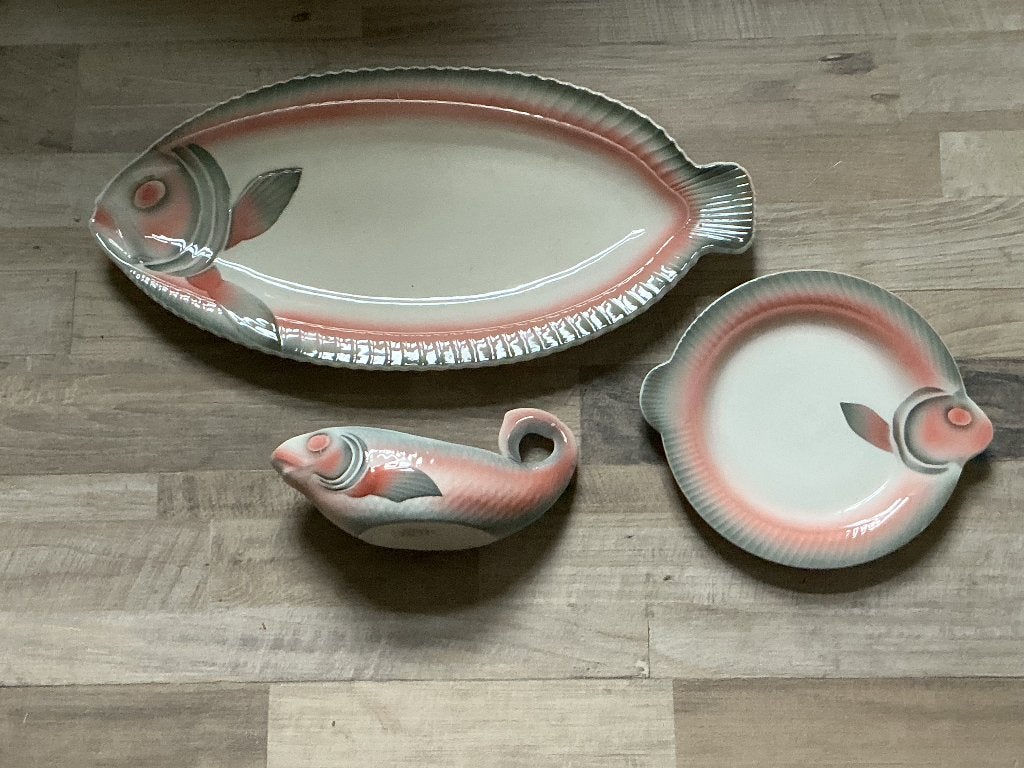 Vintage Visservies - 10 Borden in Visvorm, Ophalen, Gebruikt, Keramiek, Vintage