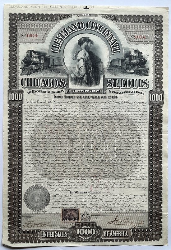 Cleveland Cincinnati Chicago & St. Louis Railway 1893, Verzenden, Voor 1920, Obligatie of Lening