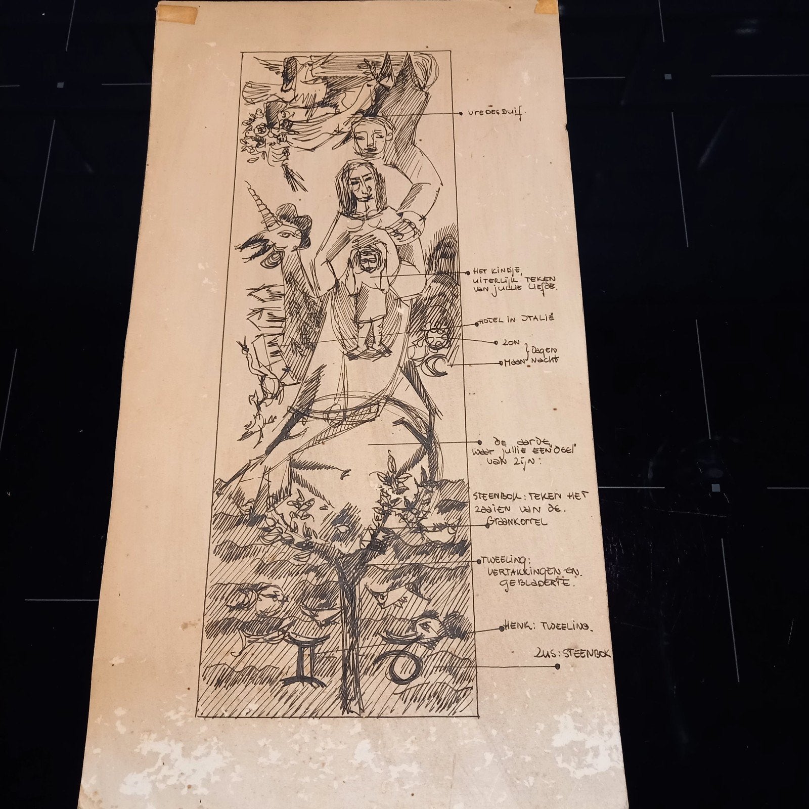 Unieke Originele Vintage Ontwerptekening Symbolische Familie, Antiek en Kunst, Ophalen of Verzenden