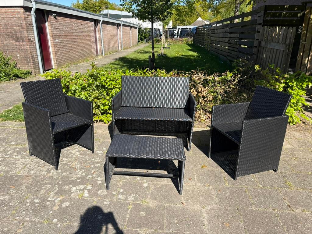 Zwart wicker tuinset loungeset bank tafel stoelen 4 persoons, Ophalen, 4 zitplaatsen, Gebruikt, Bank