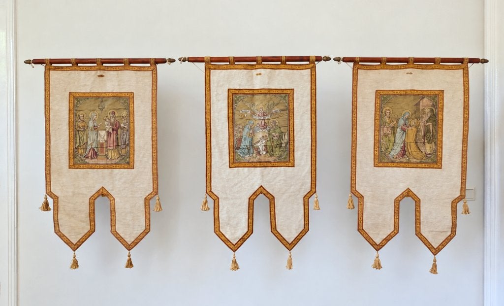 Set van 3 antieke religieuze processievaandels (ca. 100 cm), Ophalen of Verzenden