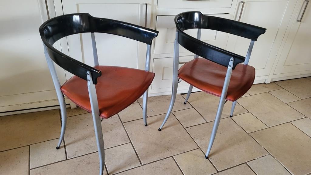 Vintqge italiaanse design stoelen met dik tuigleer jaren 80, Ophalen, Gebruikt, Zwart