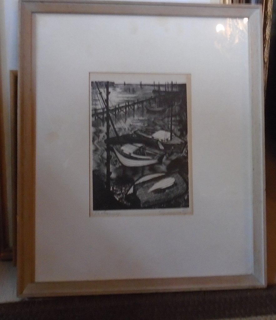 houtsnede litho boot aan kade, Verzenden, Klassiek, Achter glas, Maritiem / water