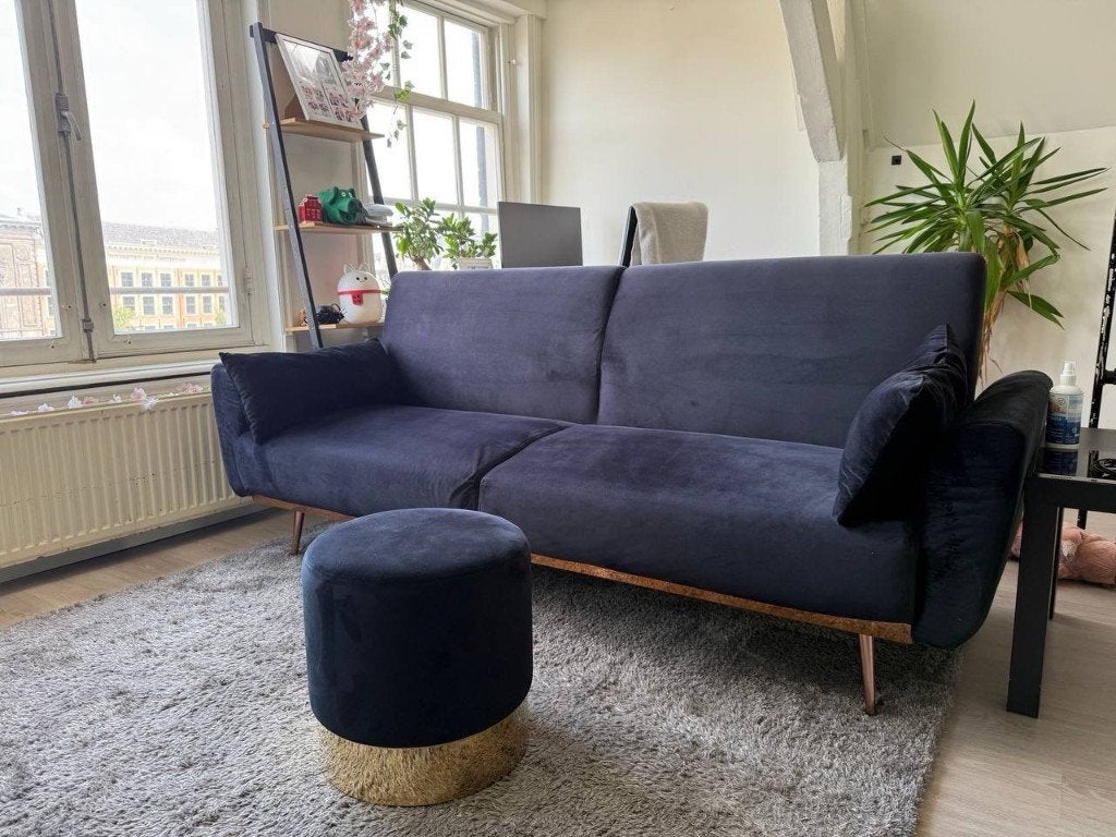 Beliani Black Velvet Sofa Bed + FREE Pouf, Huis en Inrichting, Ophalen, Overige materialen, Driepersoons, 75 tot 100 cm