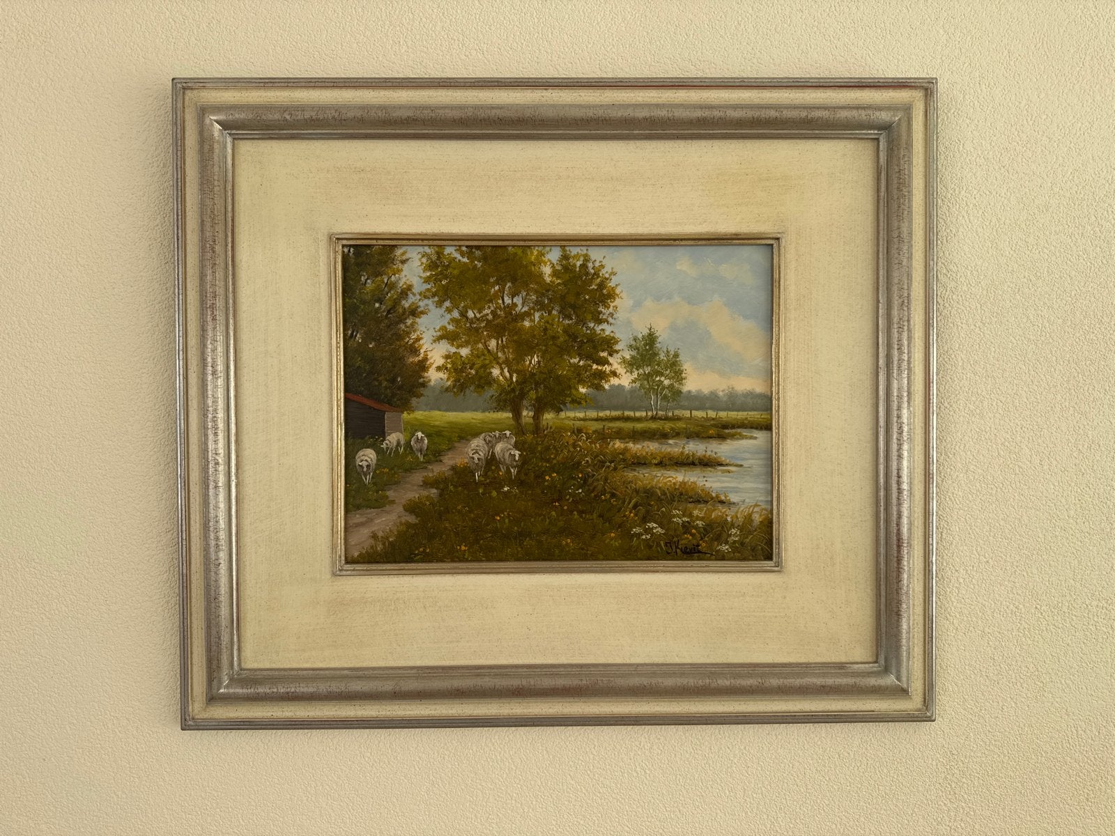 Schilderij van J. Kieviets: Landschap met schapen, Ophalen, Doek, Realistisch, Gesigneerd