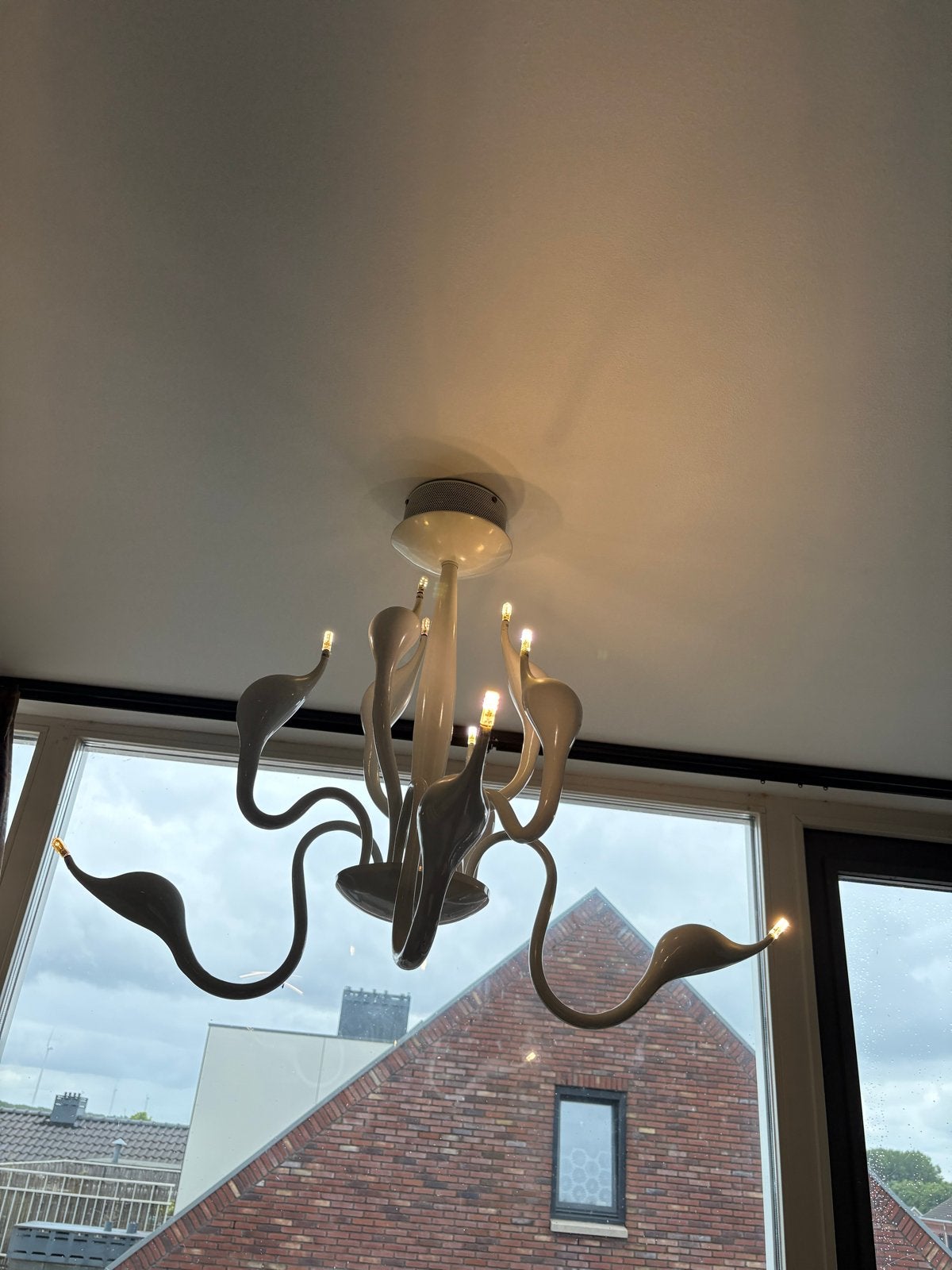 Design kroonluchter met 8 armen, wit glas, Ophalen, Gebruikt, Glas, E14 (klein)