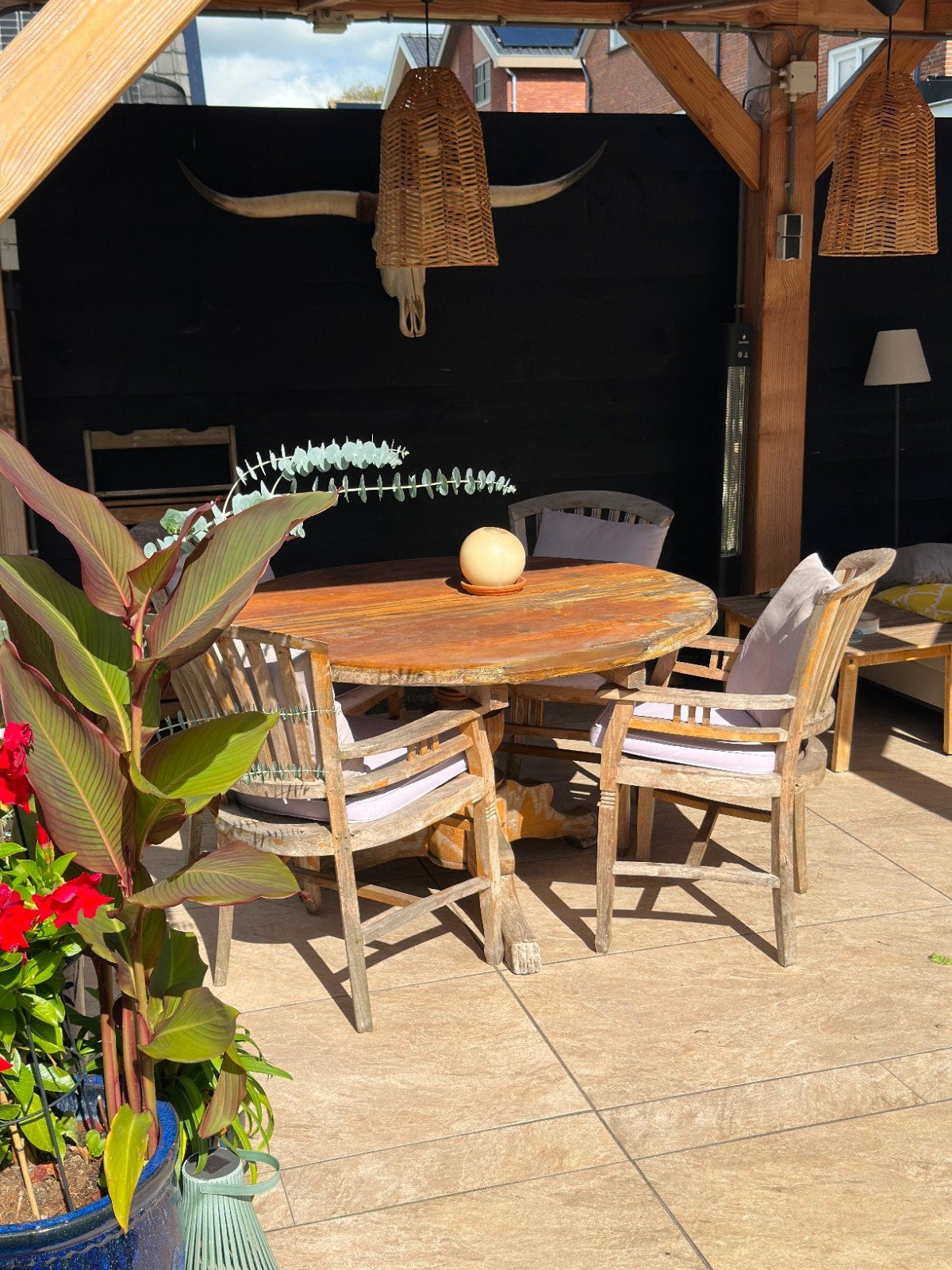 Teakhouten tuinset met ronde tafel en 4 stoelen, Ophalen, 4 zitplaatsen, Gebruikt, Teakhout