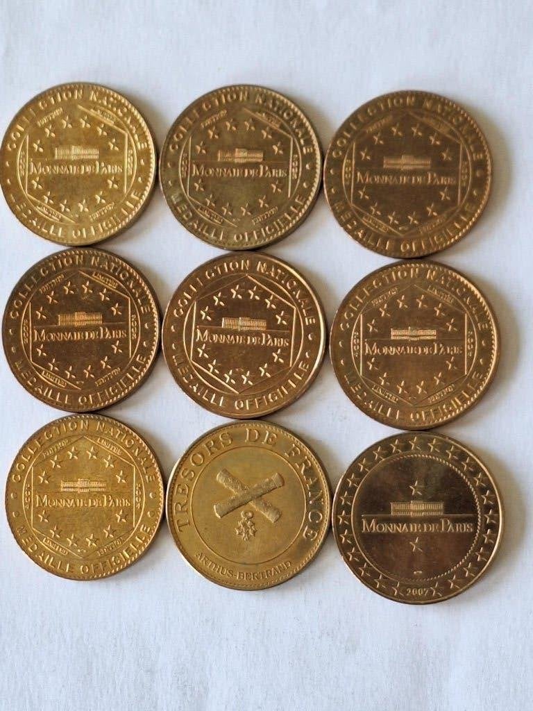 9 penningen "monnaie de Paris", collection nationale, Ophalen of Verzenden, Overige materialen, Buitenland