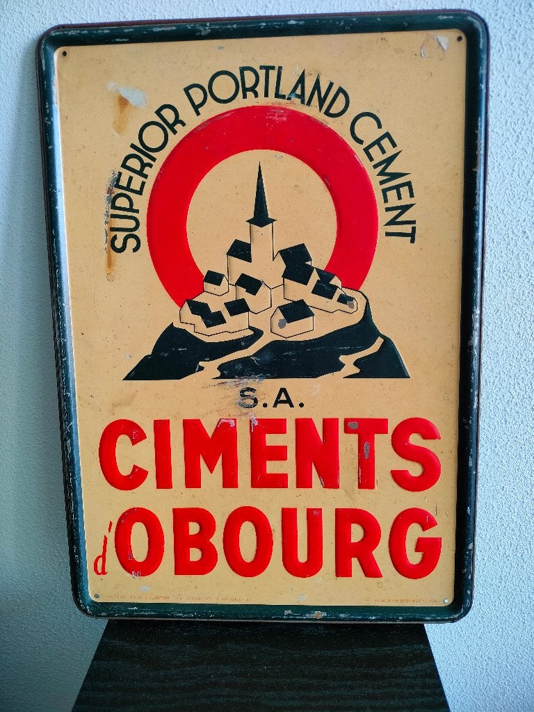 Belgie Reclamebord Ciments d'Obourg 25x35 1960, Verzamelen, Ophalen of Verzenden, Gebruikt, Reclamebord