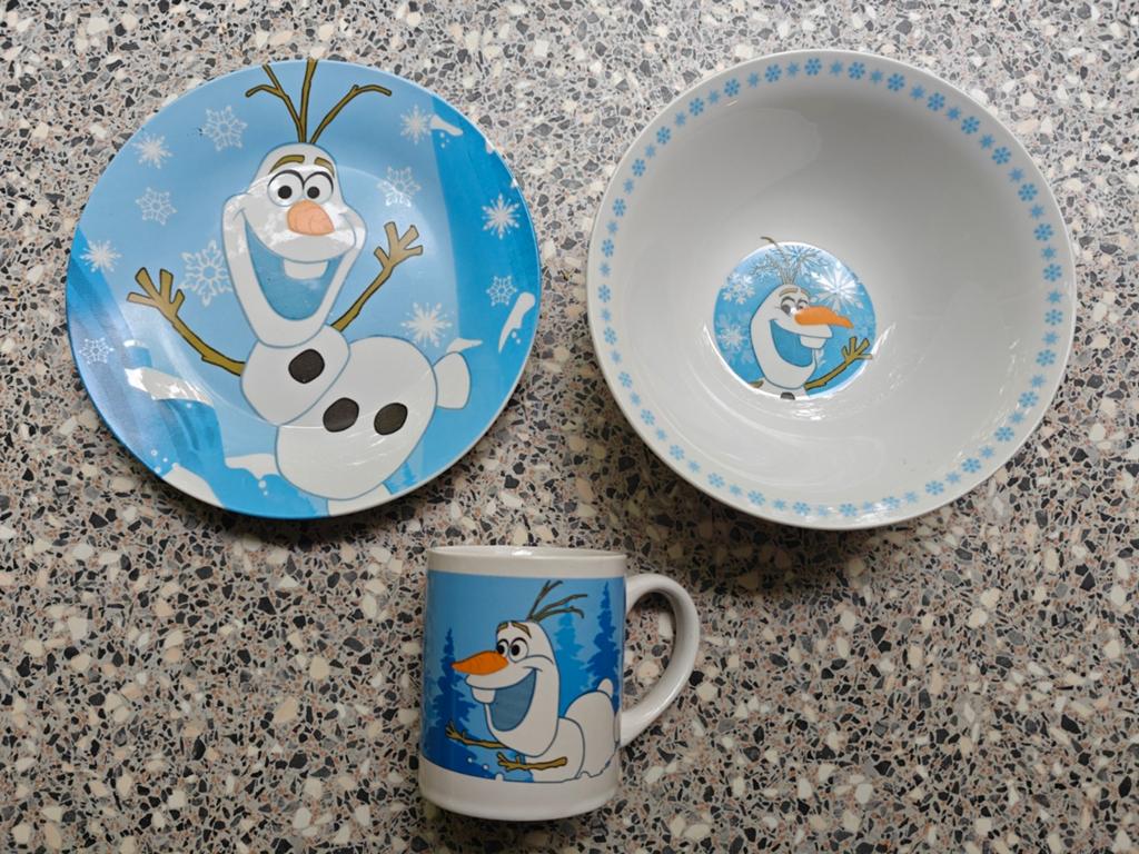 Disney Frozen Olaf ontbijtsetje: bord, kom en mok, Gebruikt, Keramiek, Ophalen of Verzenden, Overige stijlen