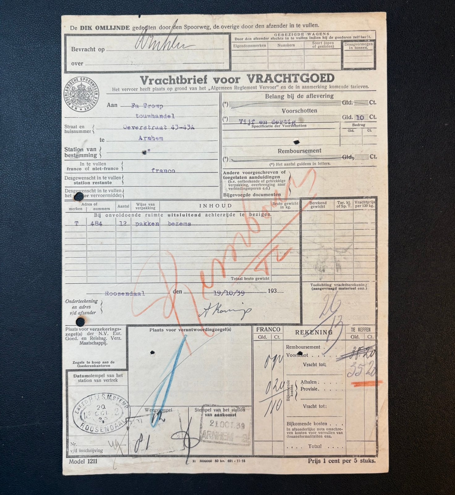 Vrachtbrief 12 bezems van Roosendaal naar Arnhem (1939), Ophalen of Verzenden, Gebruikt, Trein