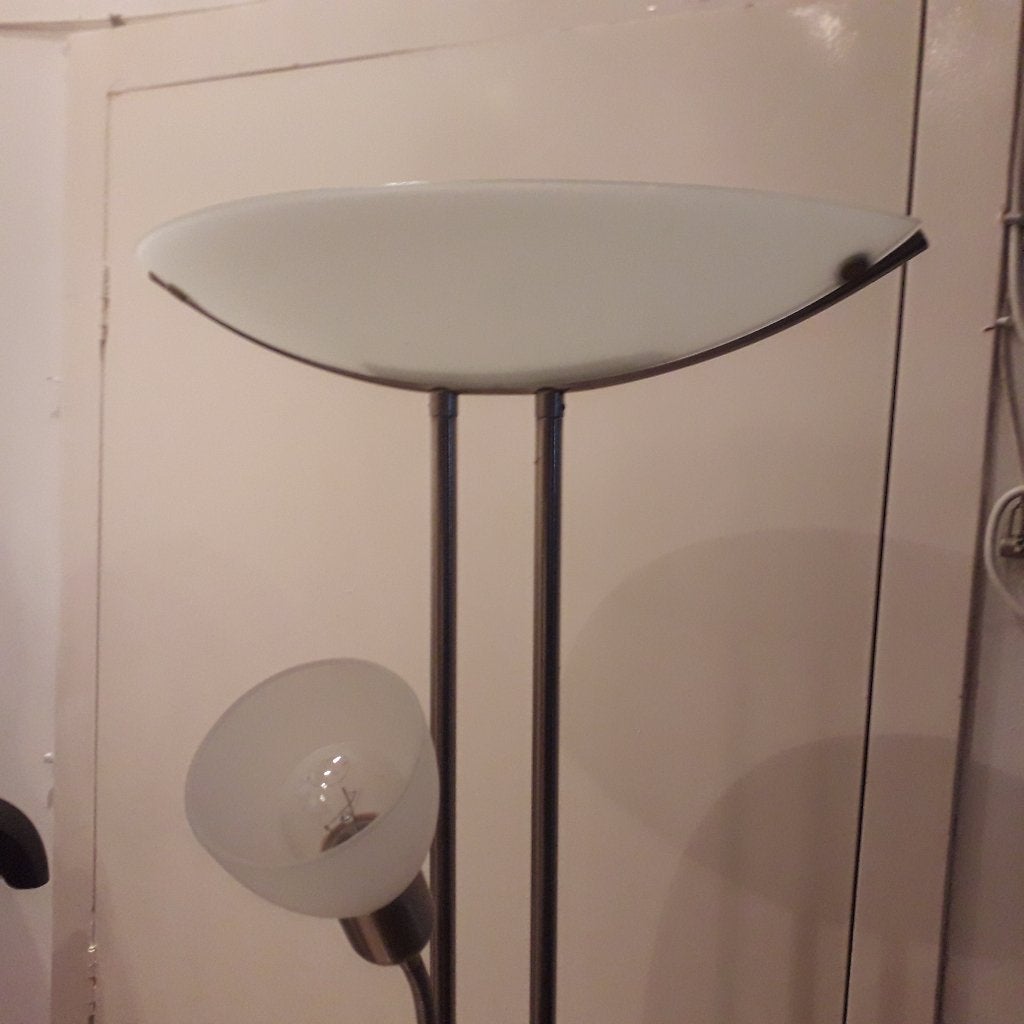 IKEA vloerlamp met leeslampje, chroom, melkglas, Huis en Inrichting, Lampen | Vloerlampen, Ophalen, Gebruikt, E14 (klein), Glas