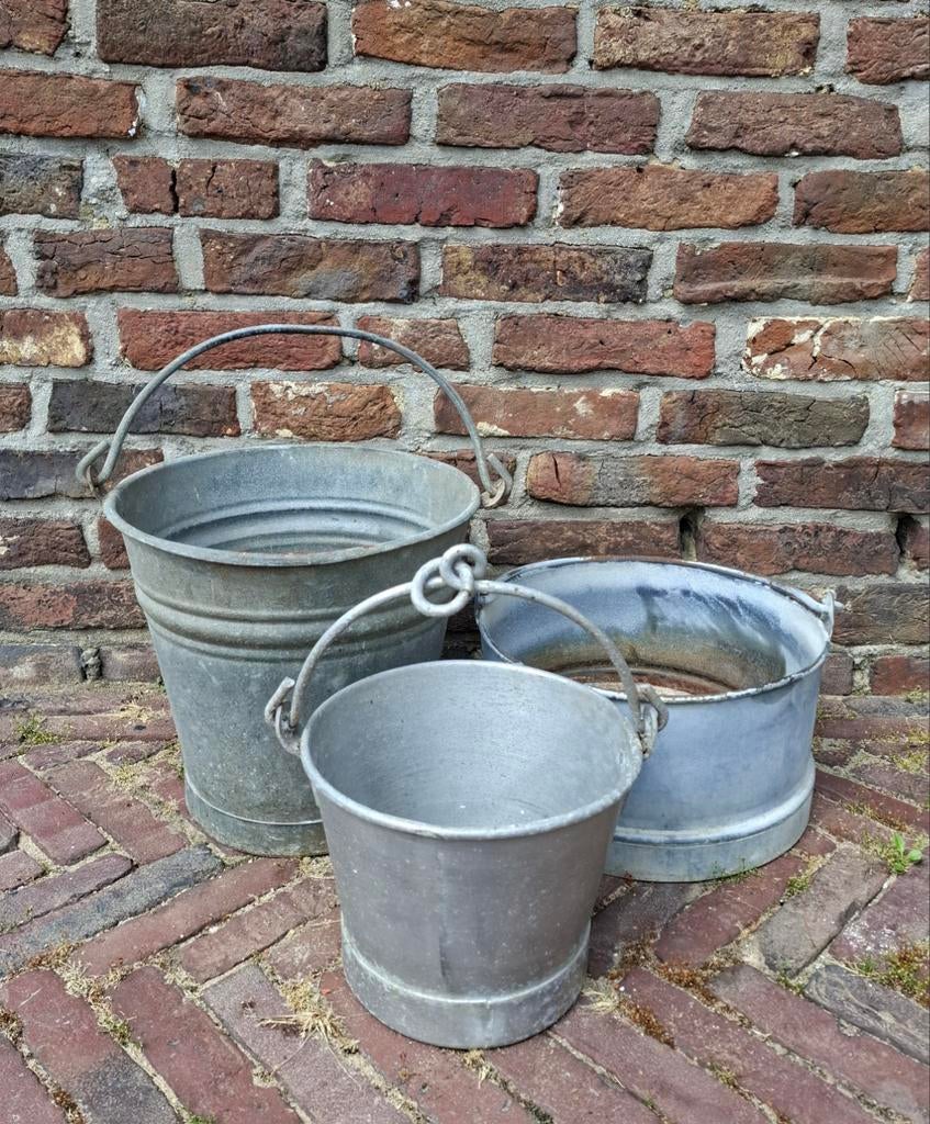 Set van 3 oude brocante zinken emmers, Ophalen of Verzenden