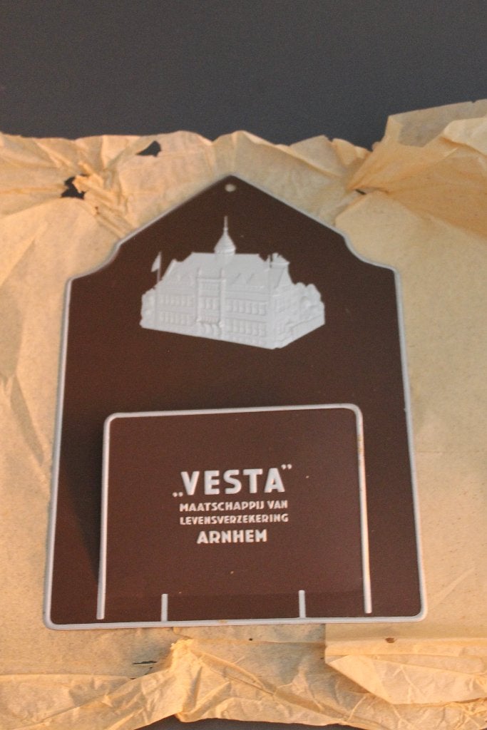 Vintage Vesta Verzekeringen Reclamebord Arnhem, Ophalen of Verzenden, Gebruikt