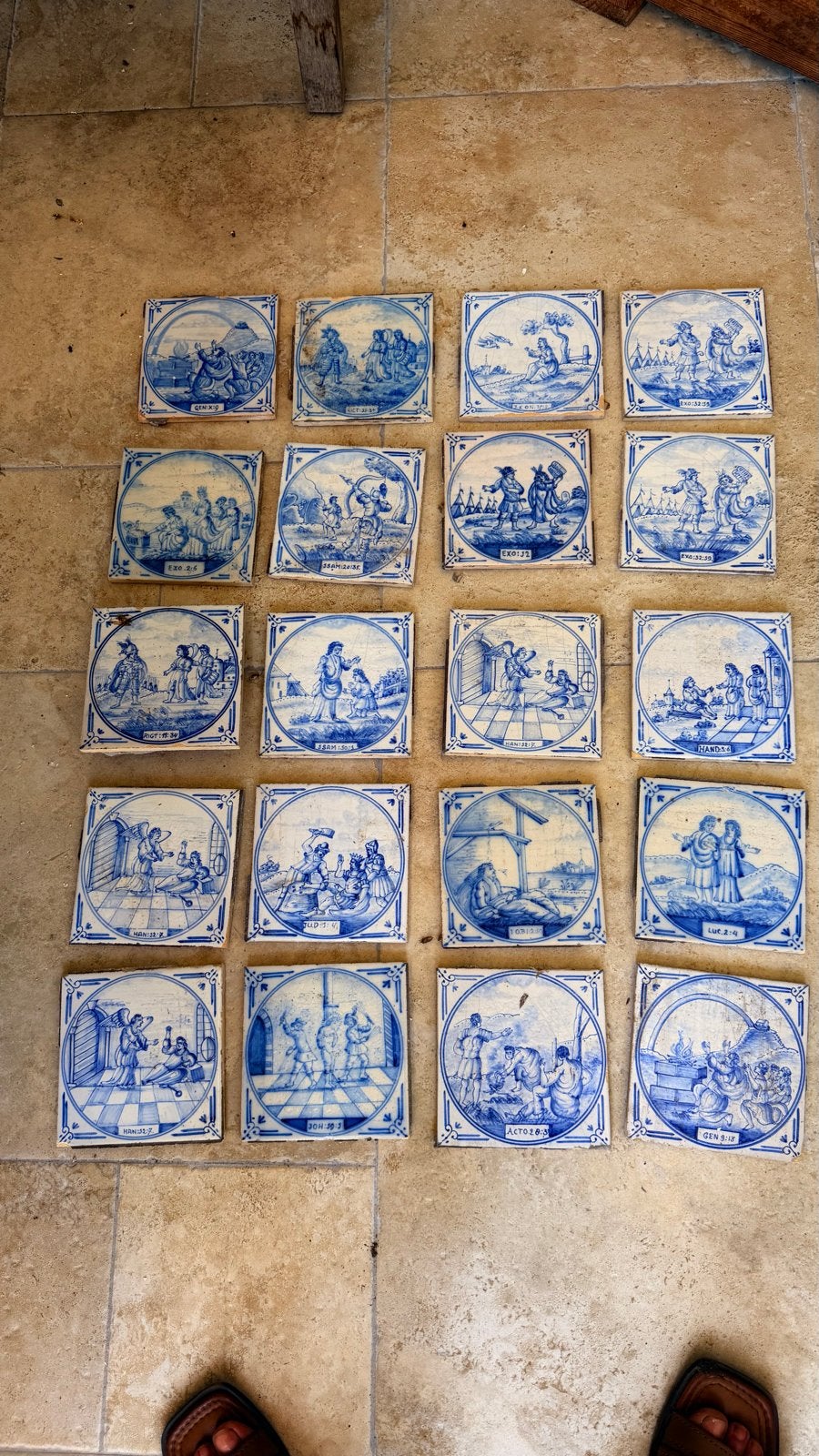 Set van 48 antieke Delftd blauwe Bijbelse tegels, Ophalen
