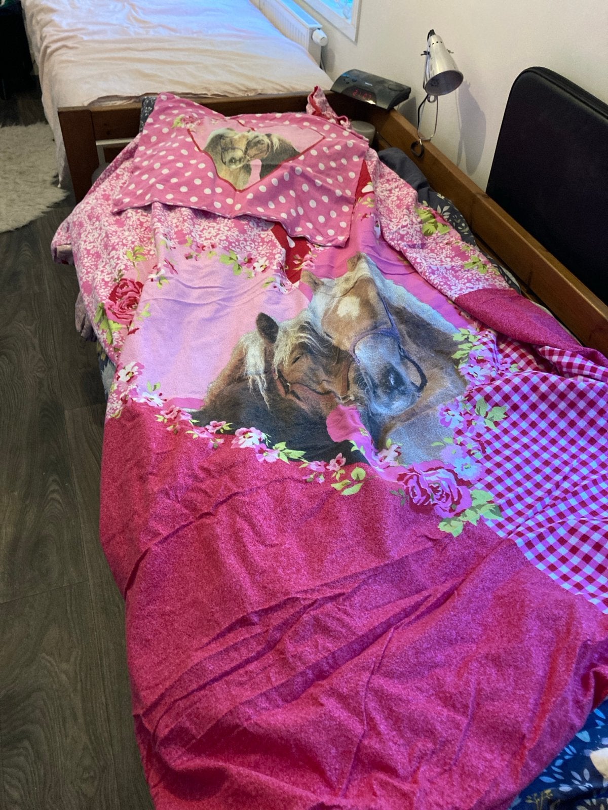 Roze Dekbedovertrek met Paardenprint en Bloemen, Gebruikt, Meisje, Dekbedovertrek, Ophalen of Verzenden
