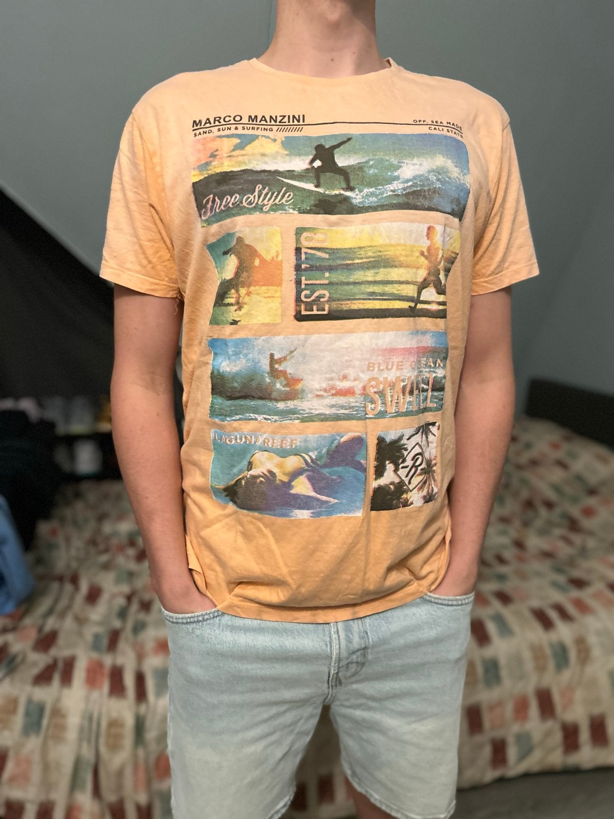Marco Manzini T-shirt met surfprint - Maat L, Ophalen of Verzenden, Gedragen, Maat 48/50 (M), Oranje
