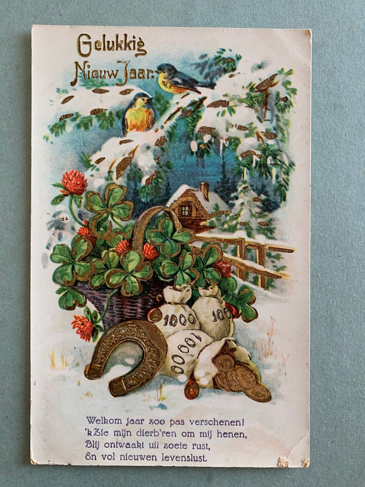1933 Gelukkig Nieuw Jaar - goudopdruk, Verzamelen, Ansichtkaarten | Themakaarten, Ophalen of Verzenden, 1920 tot 1940, Gelopen