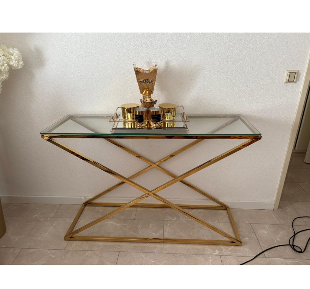 Gouden Dressoir Kast met Glazen Blad (side table), Huis en Inrichting, Tafels | Sidetables, Ophalen, 100 tot 150 cm, Glas, Zo goed als nieuw