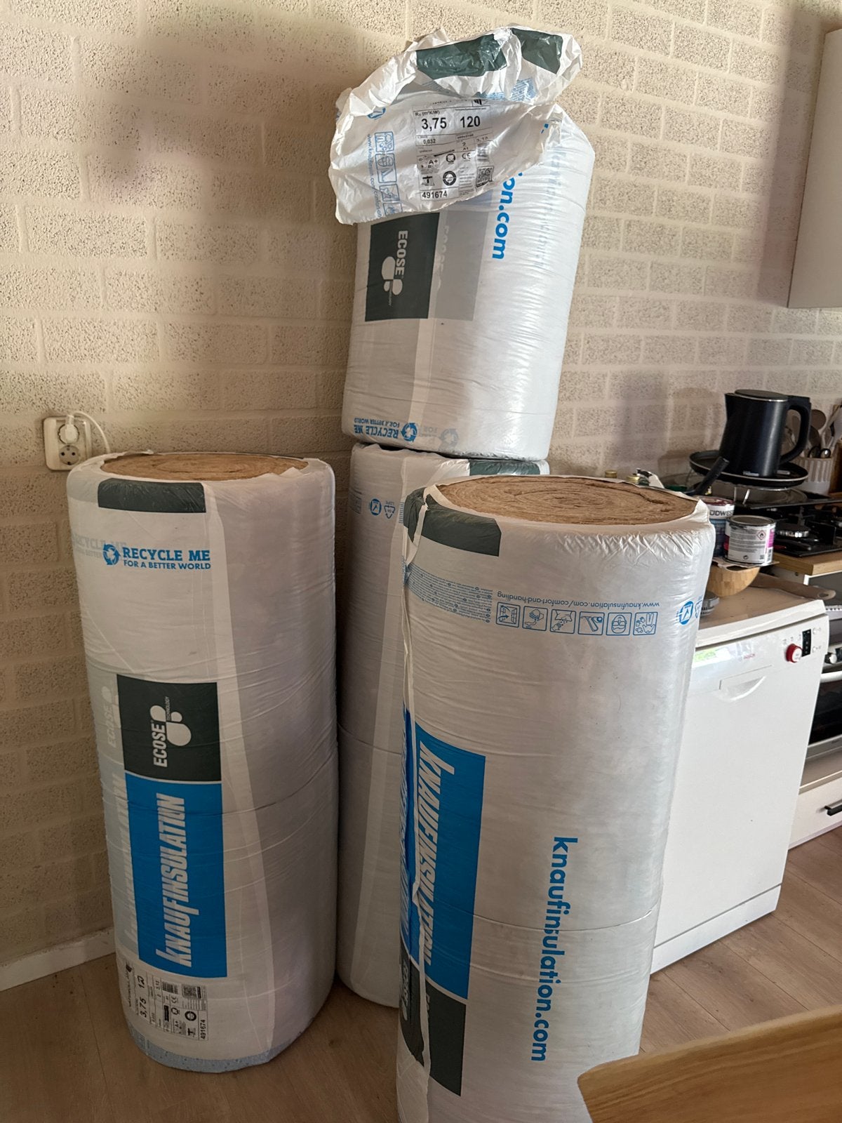 Knauf Naturoll 032 Glaswol isolatie - 3 rollen, Ophalen, 12 cm of meer, Nieuw, 5 tot 10 m²